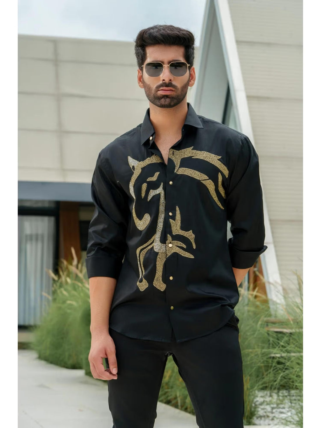 Black Cotton Sequined Party Cocktail Shirt