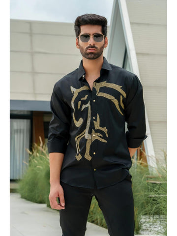 Black Cotton Sequined Party Cocktail Shirt