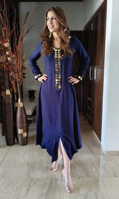 Cotton Navy Blue Gold Long indo western