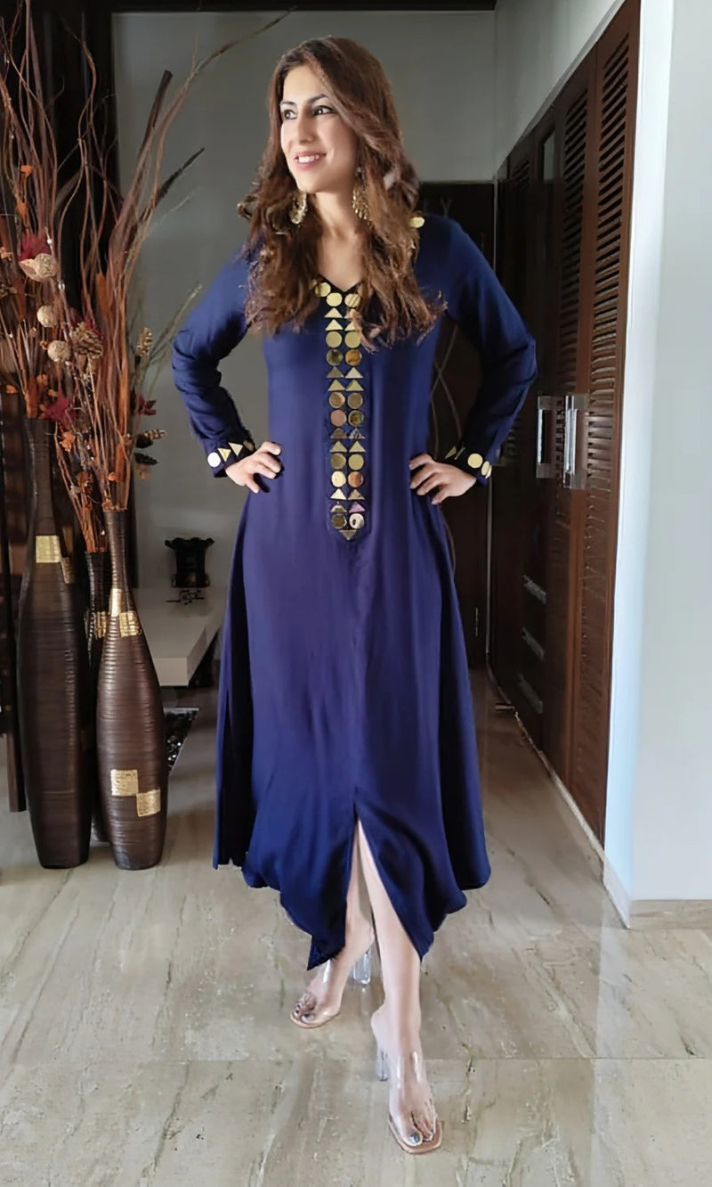 Cotton Navy Blue Gold Long Dress