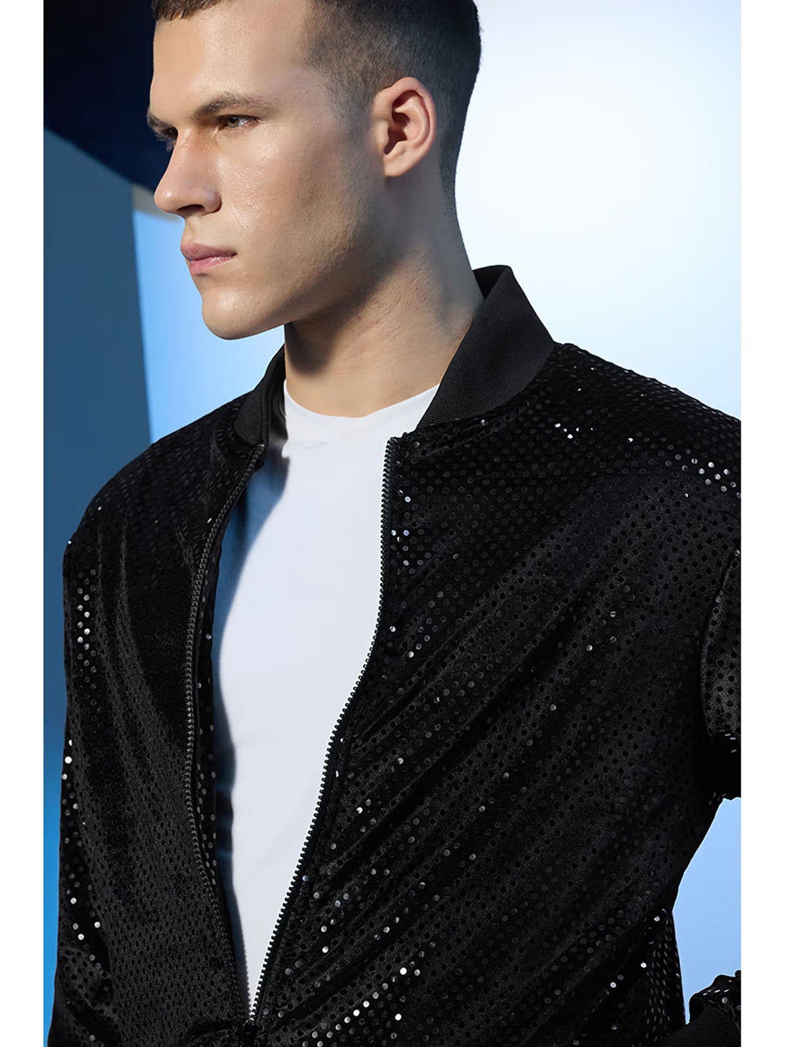 Black Polyester Sequined Party Bomber Jacket