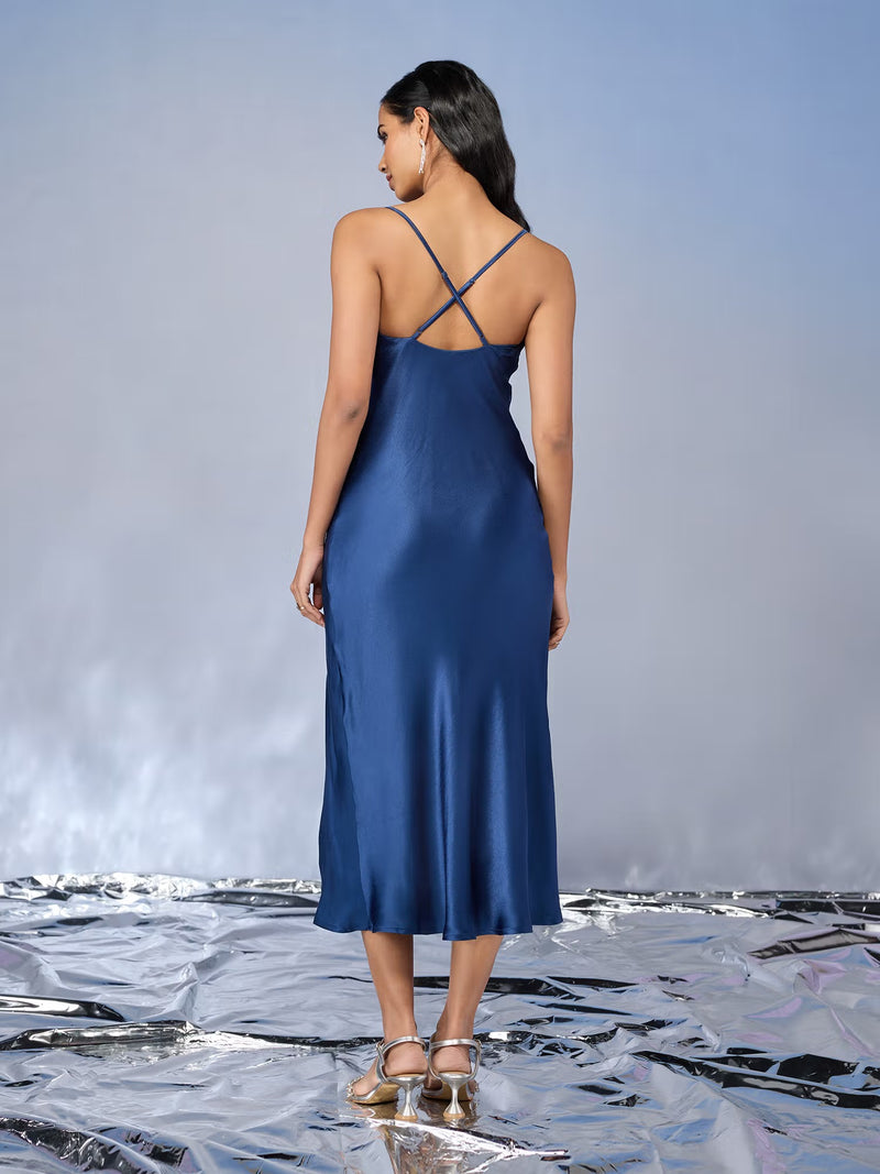 Satin Navy Blue Cowl Neck Dress