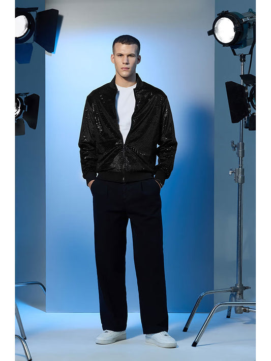 Black Polyester Sequined Party Bomber Jacket