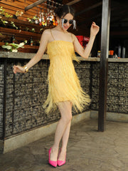 Polyester Lemon Yellow Fringe Empire Dress