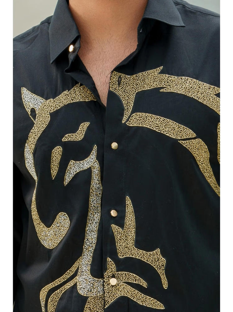 Black Cotton Sequined Party Cocktail Shirt