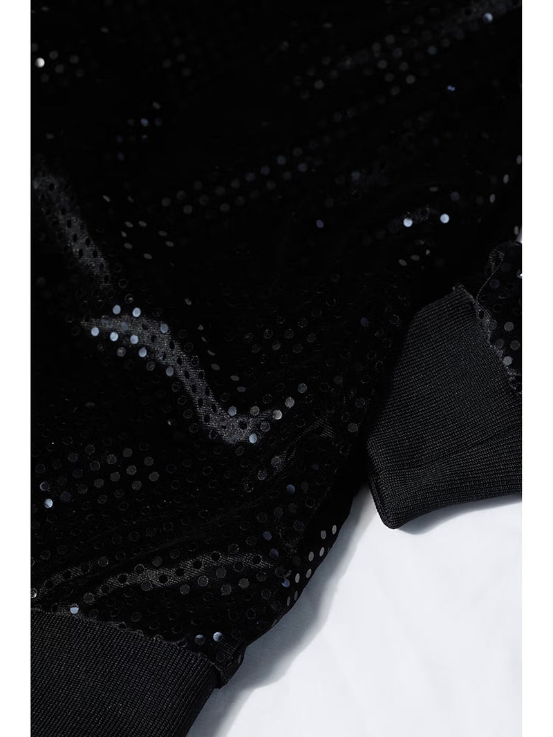 Black Polyester Sequined Party Bomber Jacket