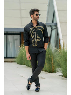 Black Cotton Sequined Party Cocktail Shirt