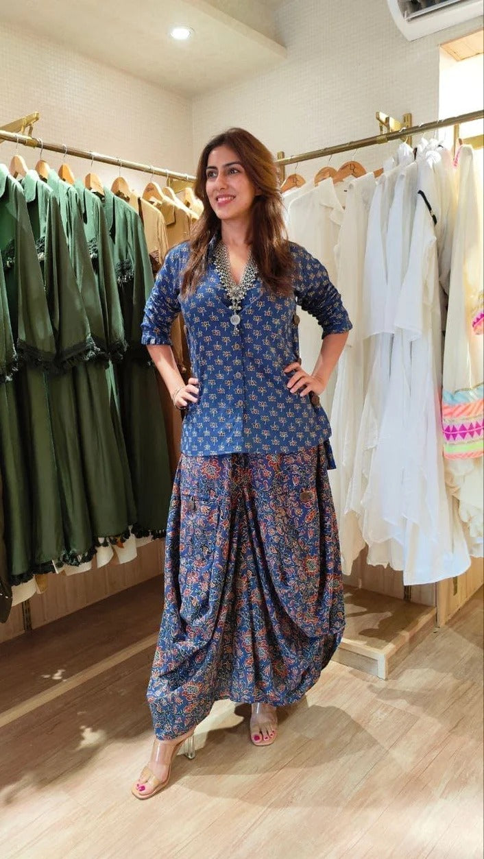 Elegant Blue Drape Skirt Set