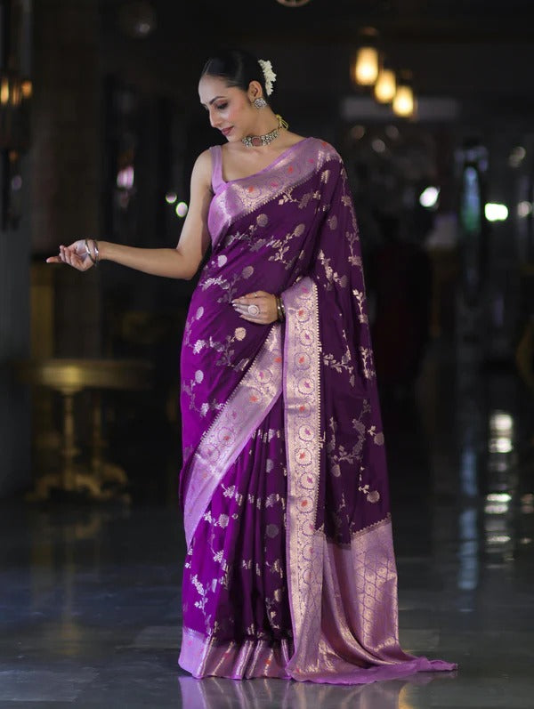 Royal Purple Banarasi Handloom Tissue Saree with Butti Design & Sthiched Blouse