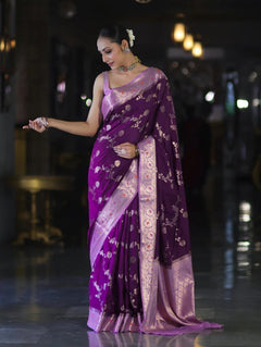 Royal Purple Banarasi Handloom Tissue Saree with Butti Design & Sthiched Blouse