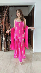 Hot Pink Gold Crepe Sharara Set