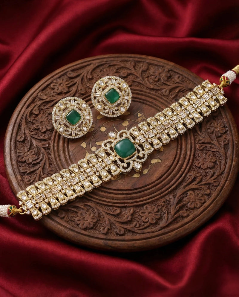 Royal Moissanite Ruby Choker Necklace Set with Statement Earrings