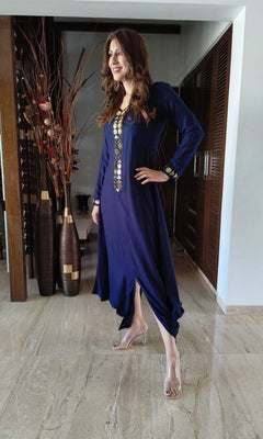 Cotton Navy Blue Gold Long indo western