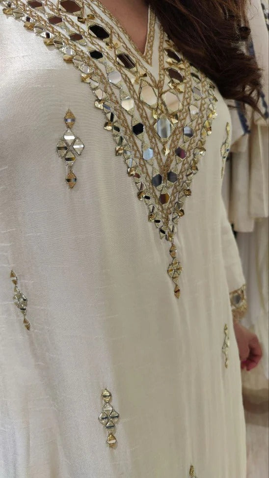Ivory White Embroidered Viscose Kaftan