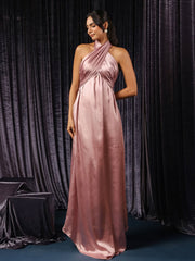 Satin Rose Pink Halter Asymmetrical Gown