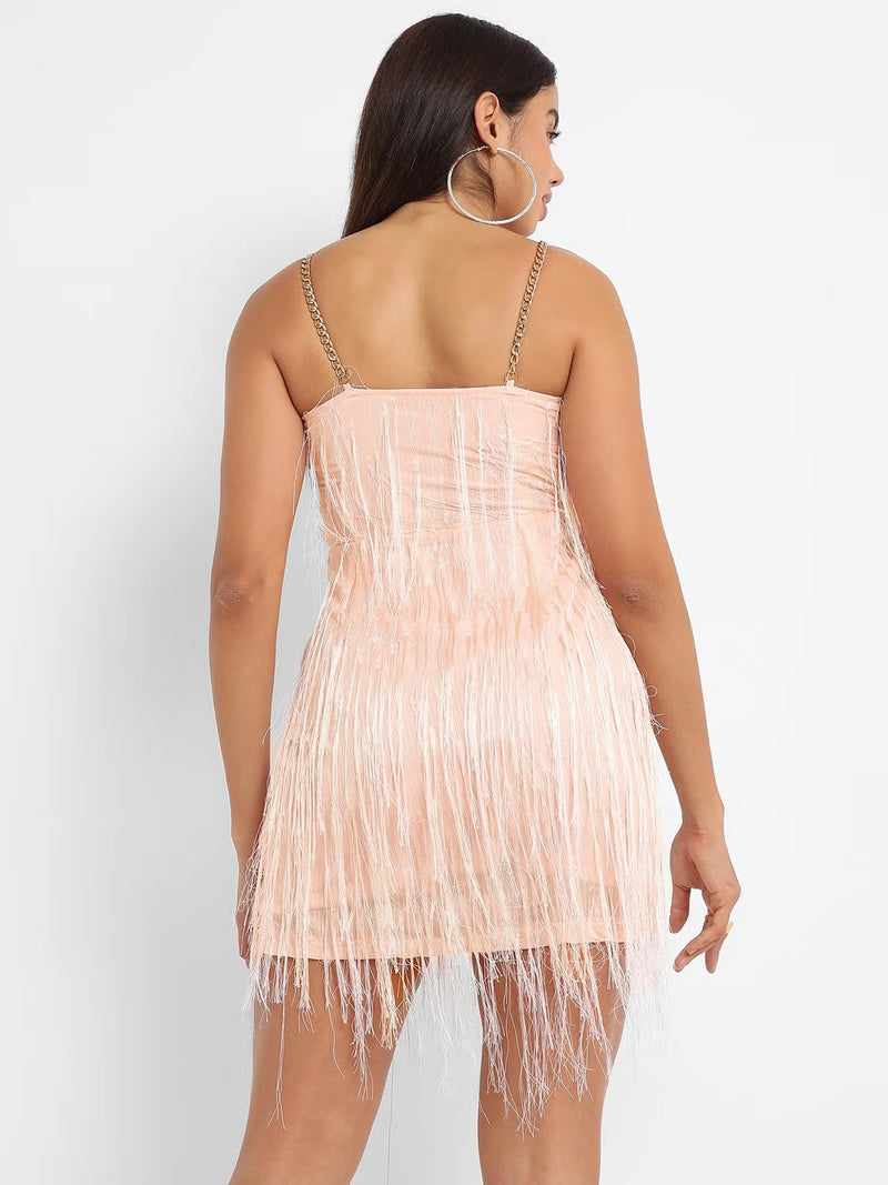 Polyester Beige Fringe Bodycon Women Dress
