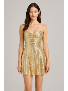 Sequin V-Neck Solid Lace-Up Mini Dress