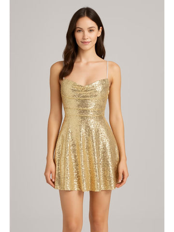 Sequin V-Neck Solid Lace-Up Mini Dress