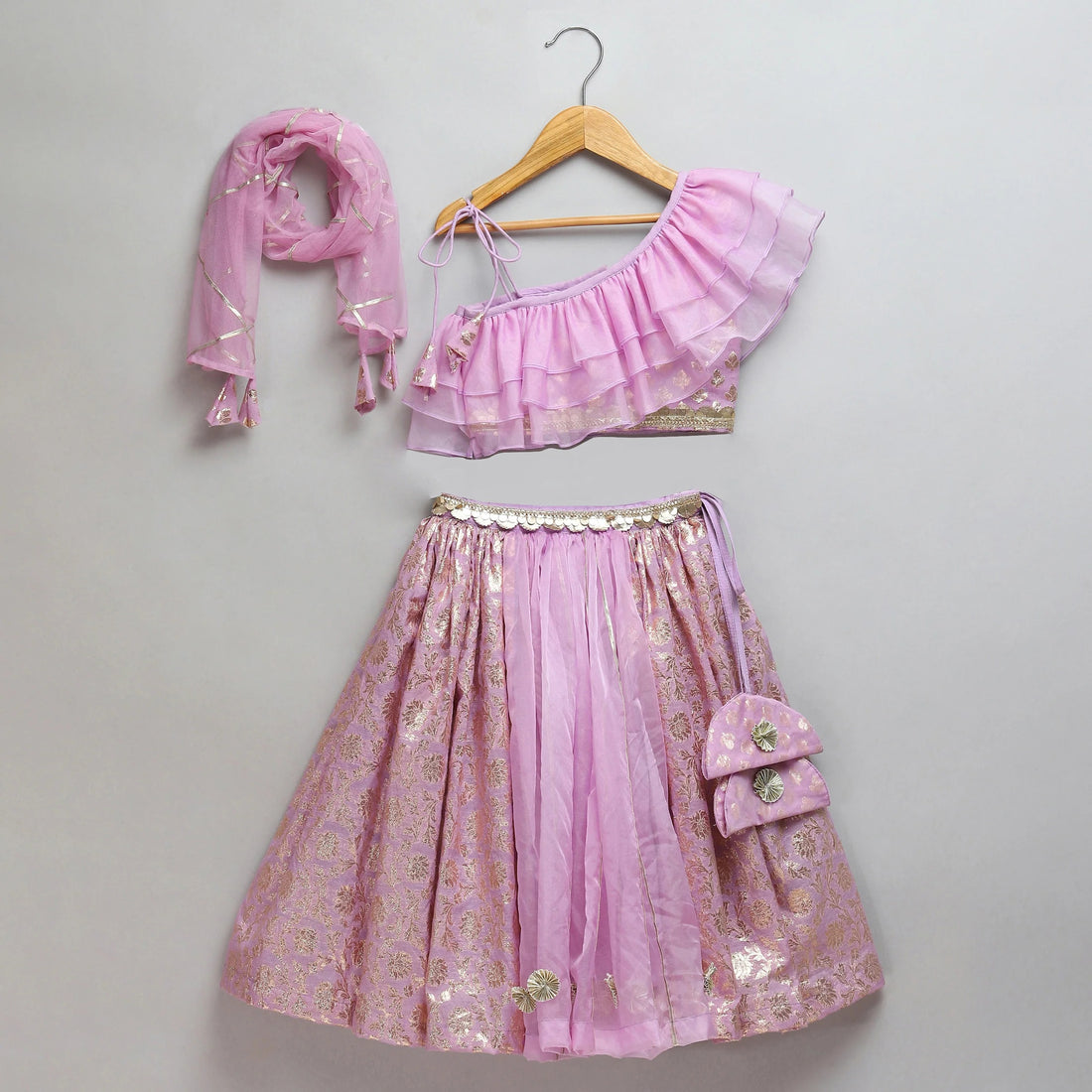 Lavender Organza Chanderi Off Shoulder Lehenga