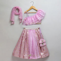 Lavender Organza Chanderi Off Shoulder Lehenga