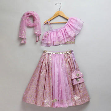 Lavender Organza Chanderi Off Shoulder Lehenga