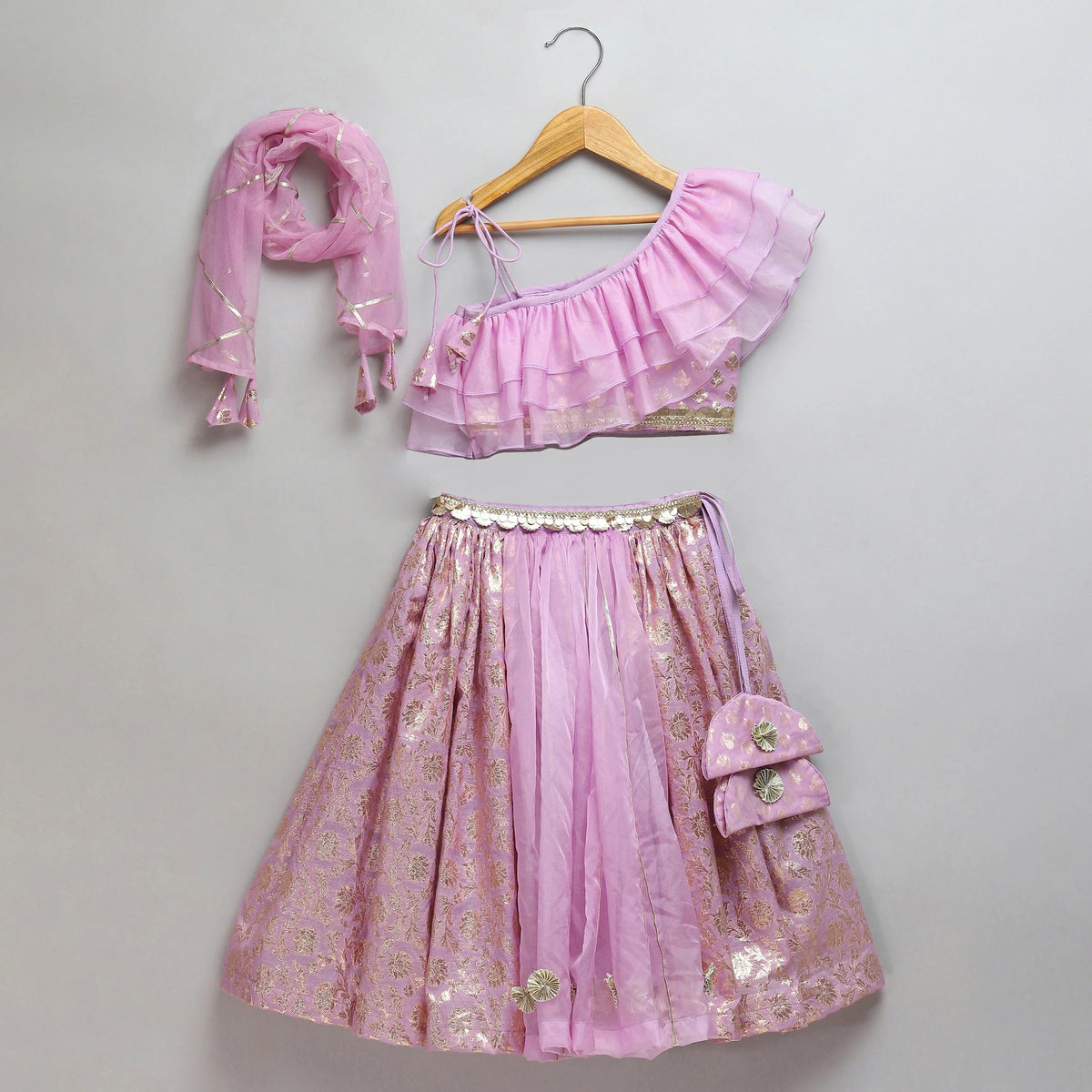 Lavender Organza Chanderi Off Shoulder Lehenga