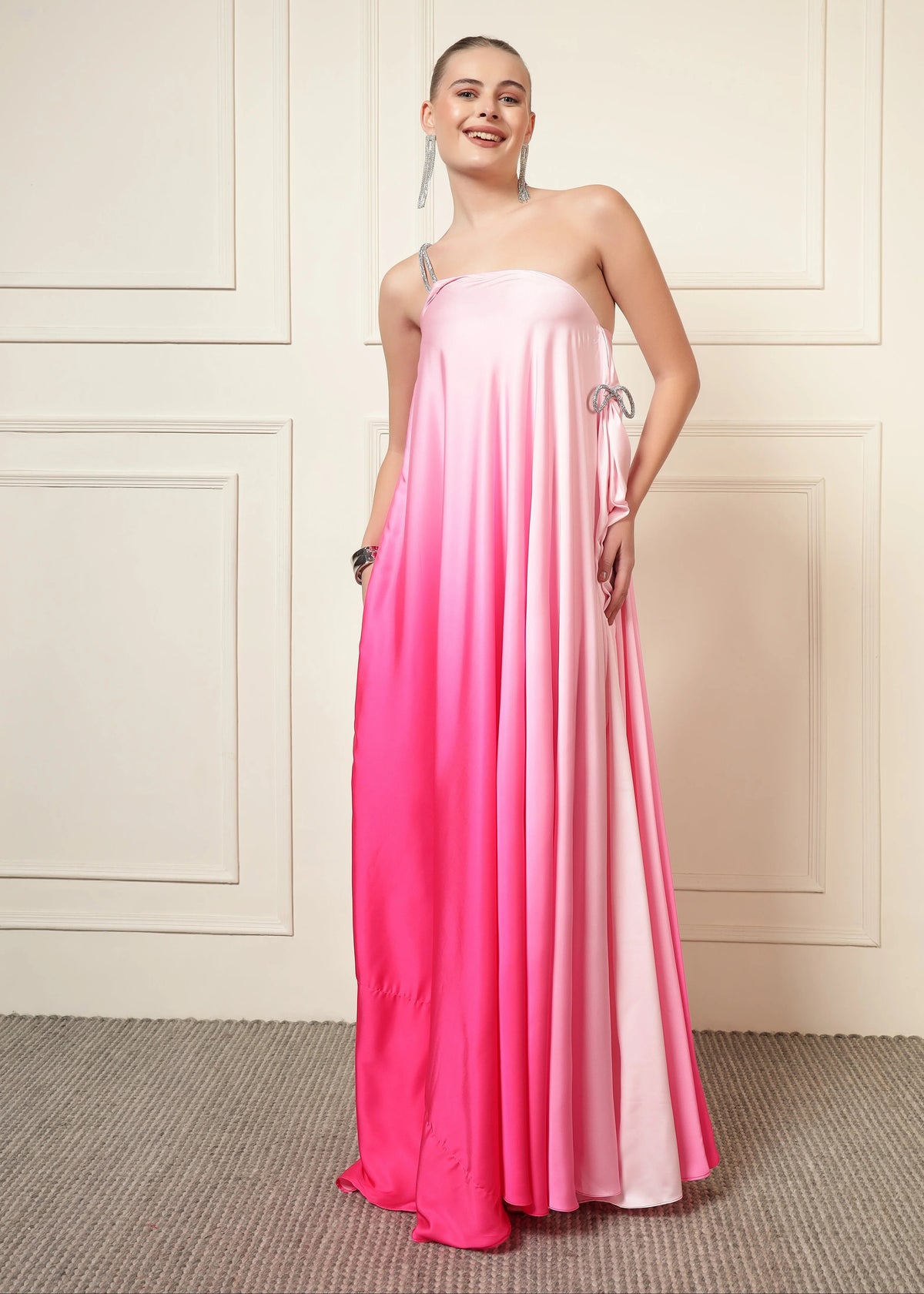 Pink Satin One-Shoulder Diamond Maxi