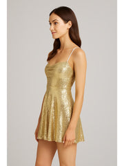 Sequin V-Neck Solid Lace-Up Mini Dress