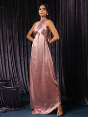 Satin Rose Pink Halter Asymmetrical Gown