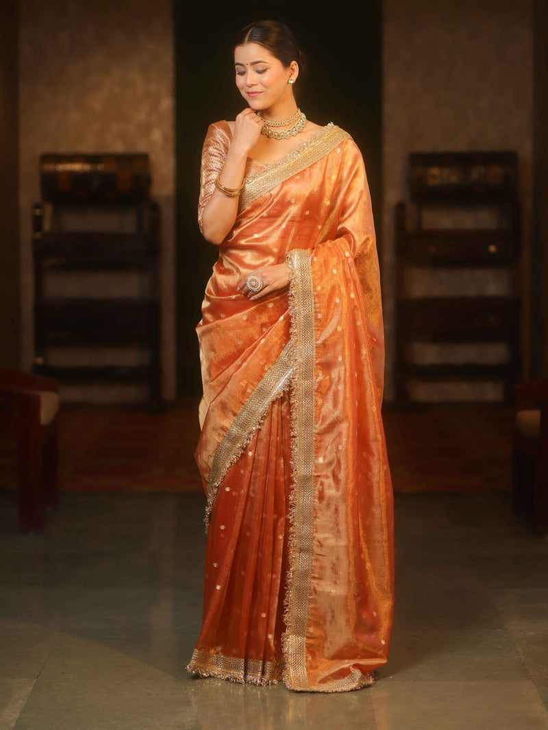 Handwoven Tissue Peach Saree with Zari Buti & Lace