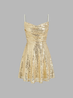 Sequin V-Neck Solid Lace-Up Mini Dress