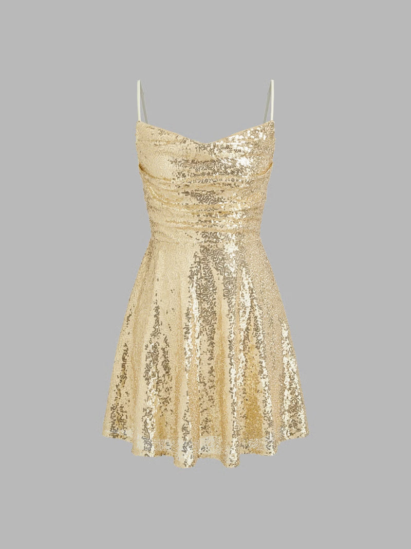 Sequin V-Neck Solid Lace-Up Mini Dress
