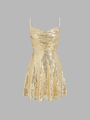 Sequin V-Neck Solid Lace-Up Mini Dress