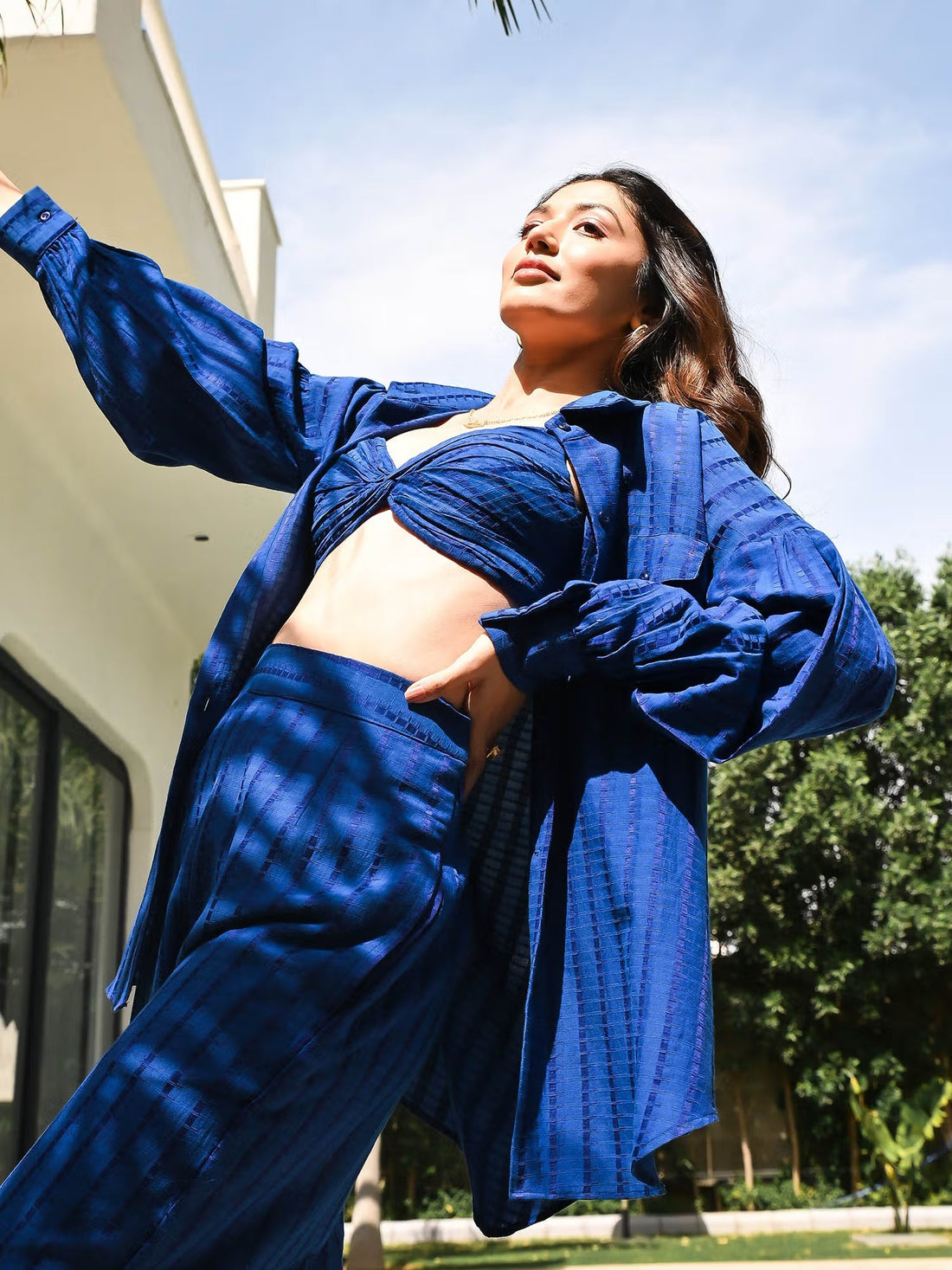 Blue Cotton Textured Co-Ord Set