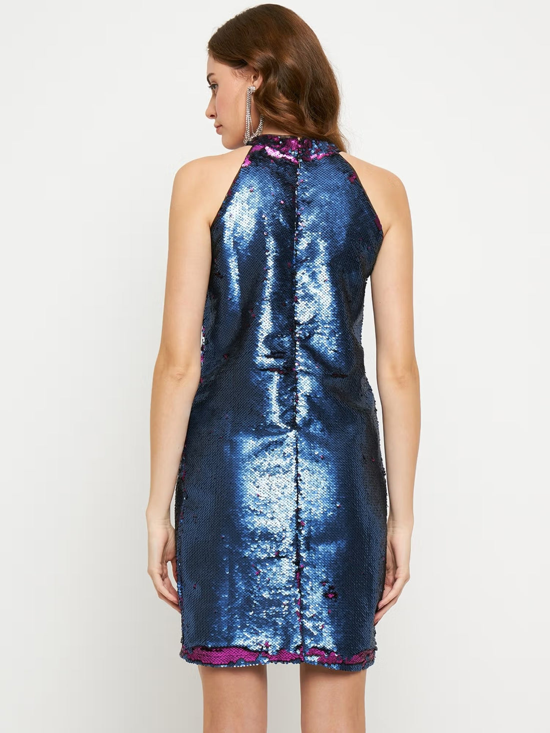 Polyester Cobalt Blue Sequin Halter Dress