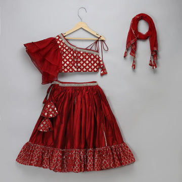 Maroon Organza Chanderi Off Shoulder Lehenga