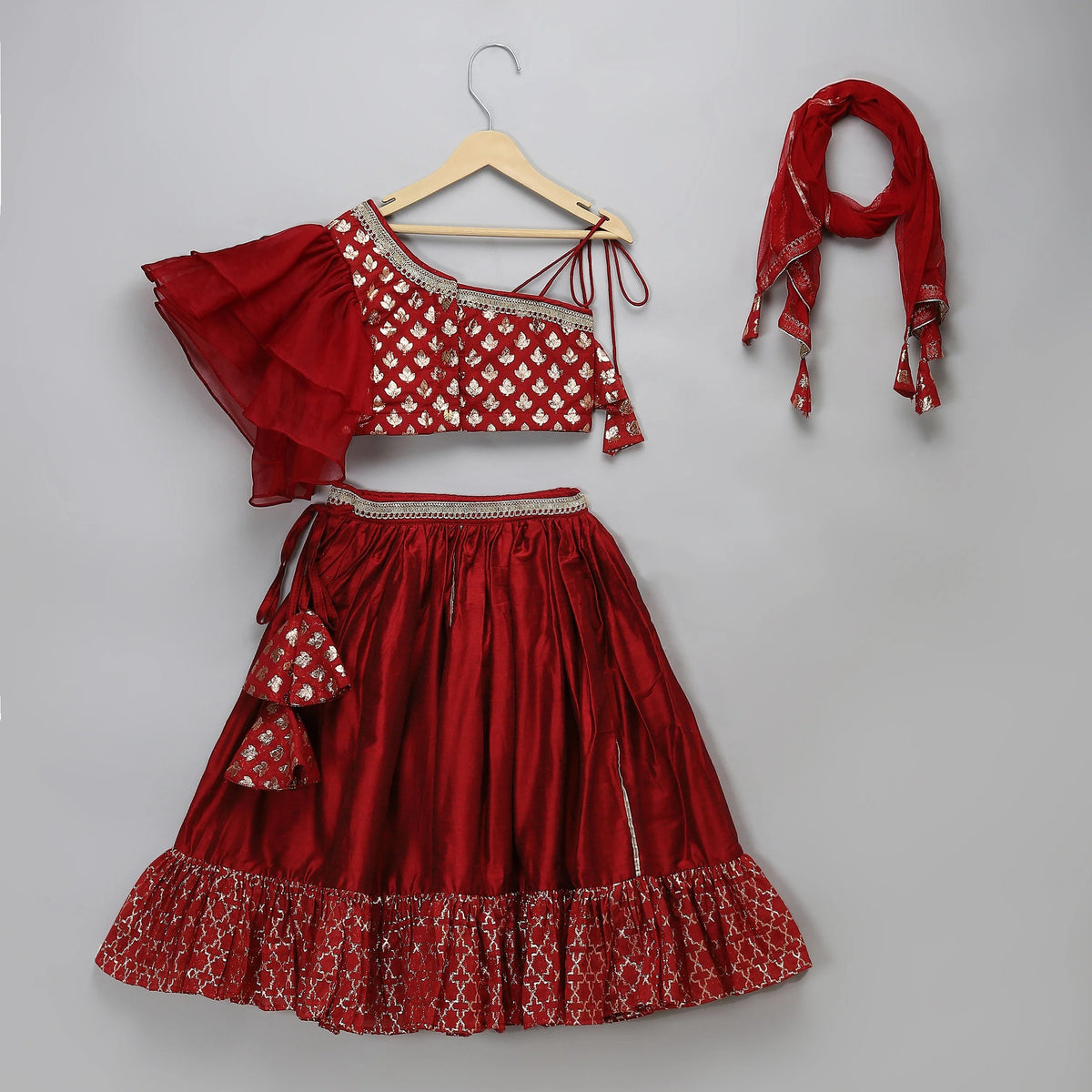 Maroon Organza Chanderi Off Shoulder Lehenga