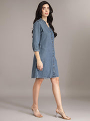 Navy Blue Cotton A-Line Denim Dress