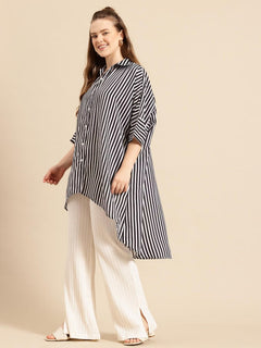 Black Striped Crepe Hi-Low Shirt