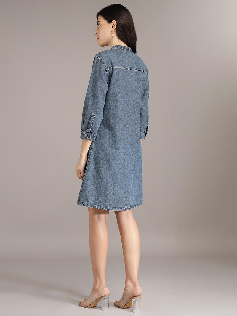 Navy Blue Cotton A-Line Denim Dress
