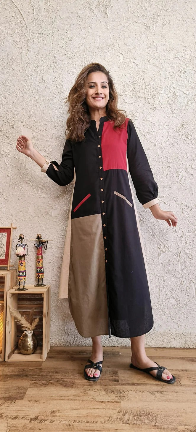 Cotton Linen Black Patchwork Shirt Dress