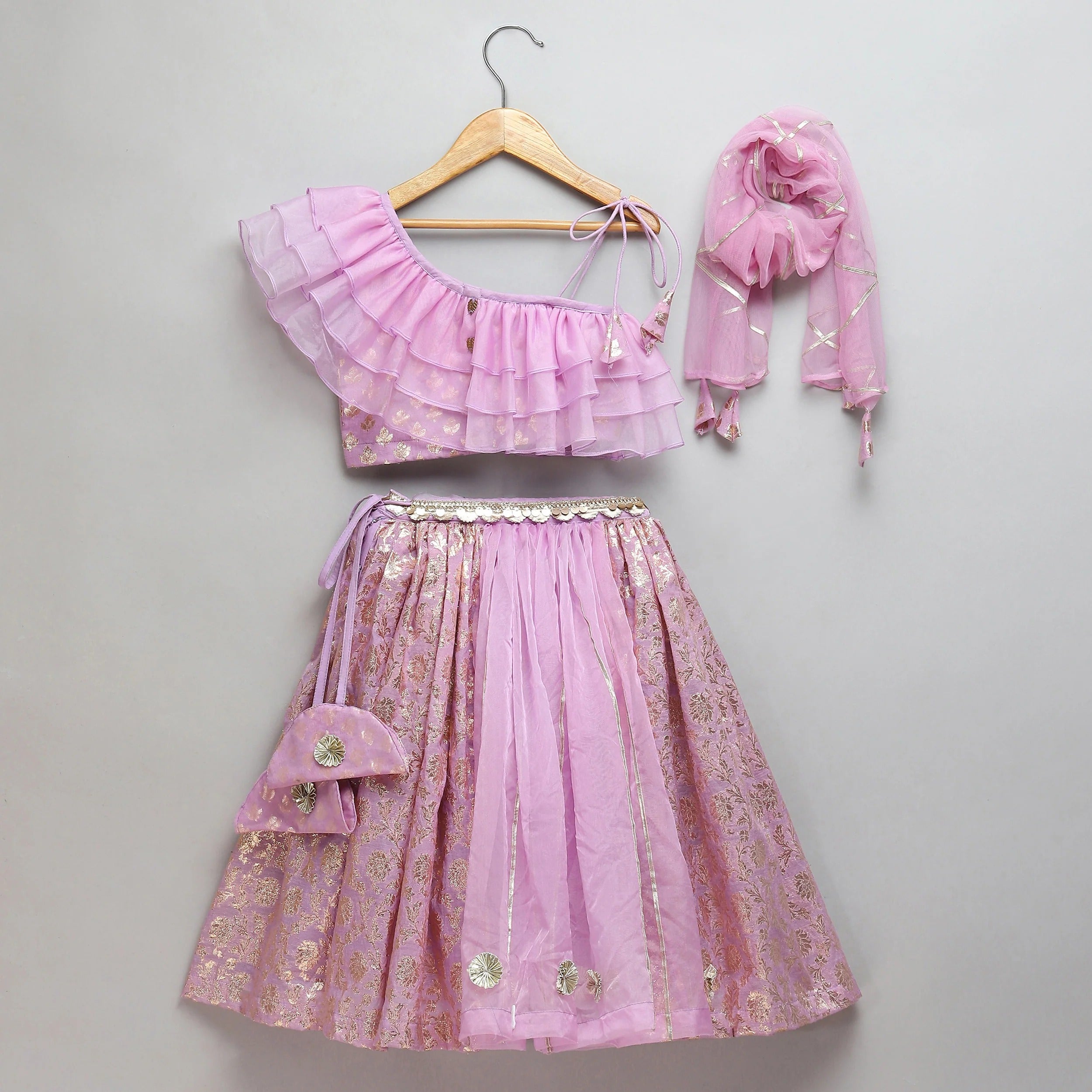 Lavender Organza Chanderi Off Shoulder Lehenga