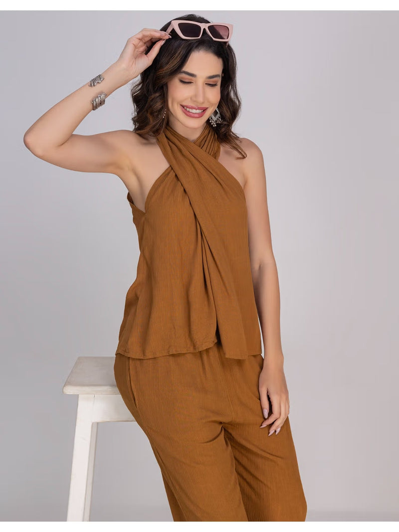 Brown Viscose Rayon Halter Co-Ord Set