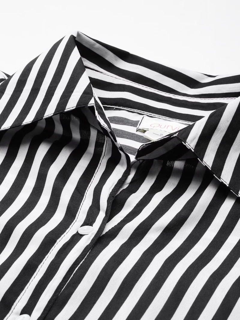 Black Striped Crepe Hi-Low Shirt
