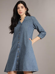 Navy Blue Cotton A-Line Denim Dress