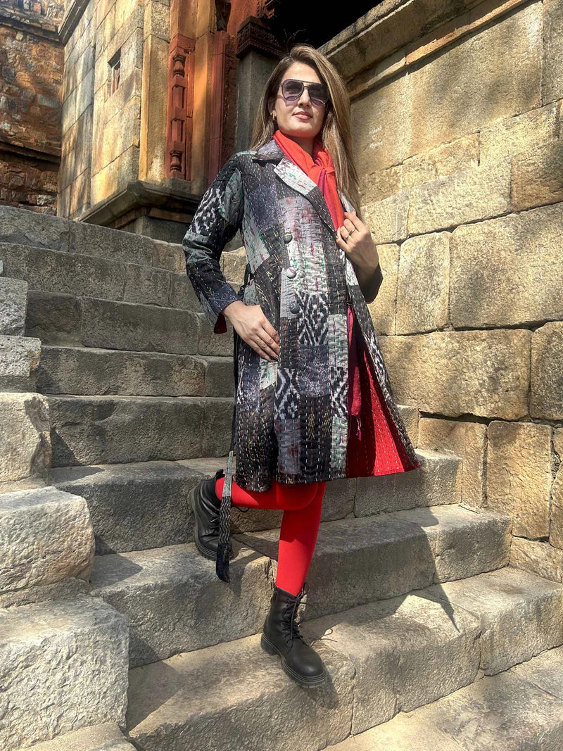Patola Silk Kantha Patchwork Trench Coat