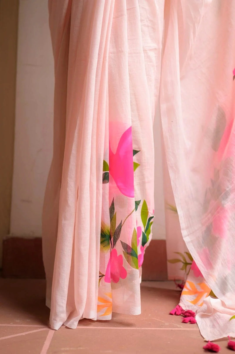 Pink Mulmul Cotton Hand-Painted Saree