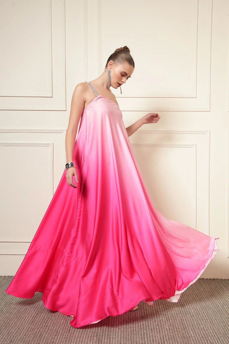 Pink Satin One-Shoulder Diamond Maxi