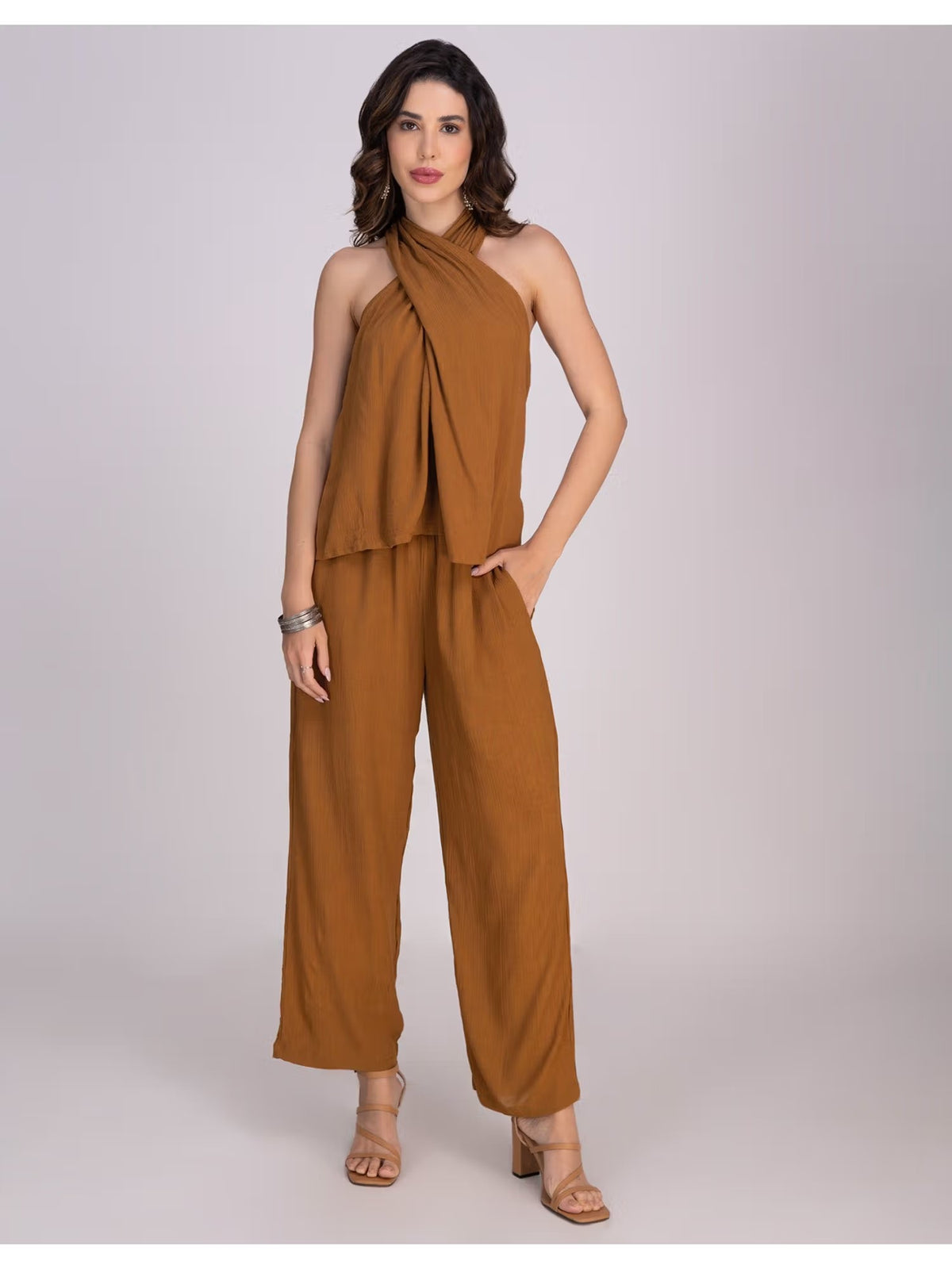 Brown Viscose Rayon Halter Co-Ord Set