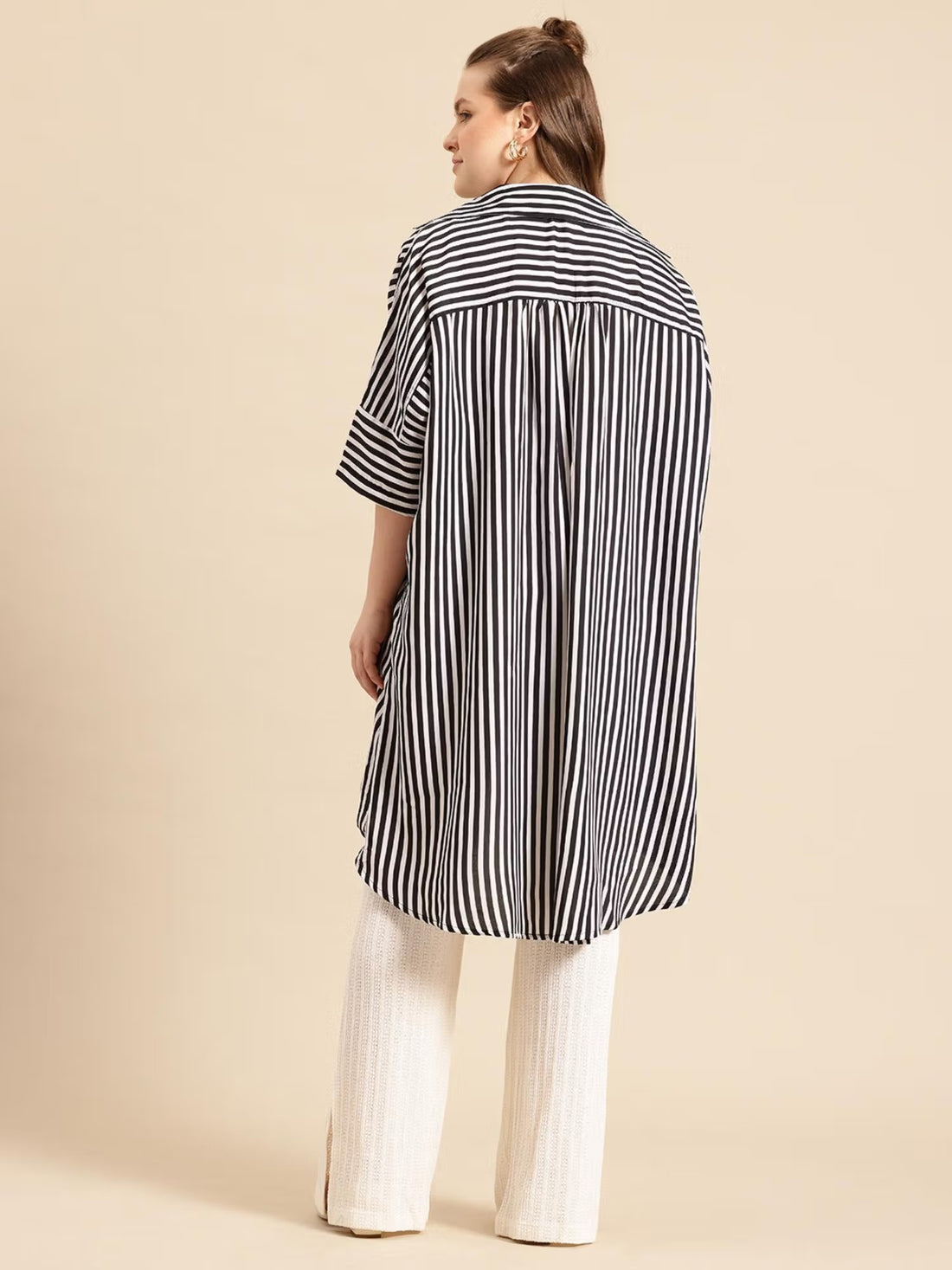 Black Striped Crepe Hi-Low Shirt